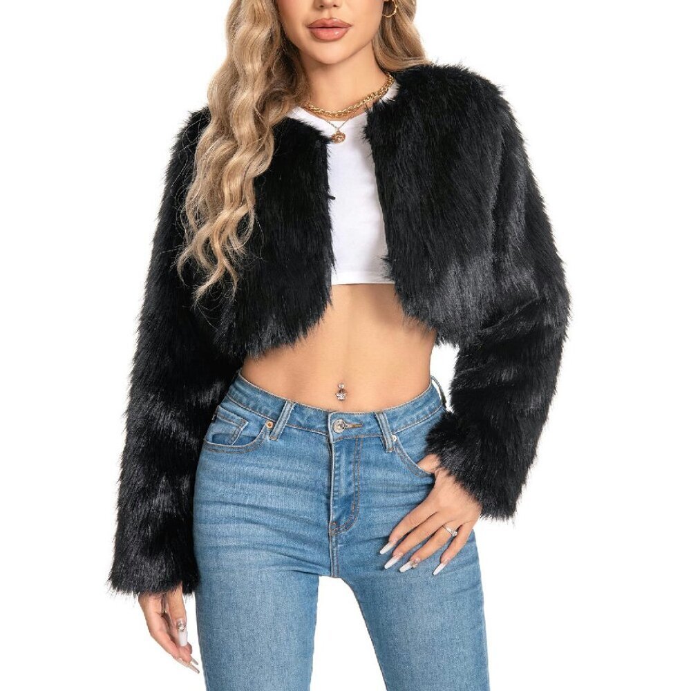 Plus Size Cropped Faux Fur Jacket Fuzzy Fluffy Winter Coat